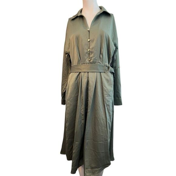 French Connection Large Olive Green Satin Knee Length Belted Shirt Dress NWT - Picture 1 of 5